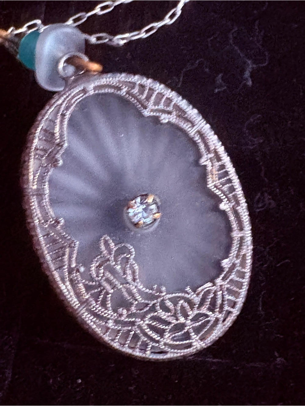 Silver Floral Filigree Gray camphor Glass Pendant Necklace